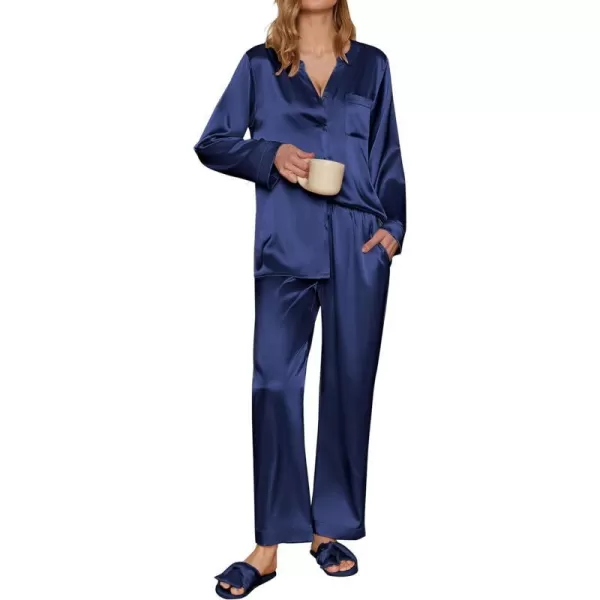 Ekouaer Satin Pajamas Set Womens Long Sleeve Sleepwear Classic Button Down Loungewear Silk Pjs with PocketsNavy Blue