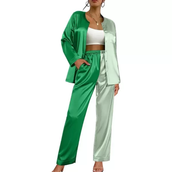 Ekouaer Satin Pajamas Set Womens Long Sleeve Sleepwear Classic Button Down Loungewear Silk Pjs with PocketsPat3green