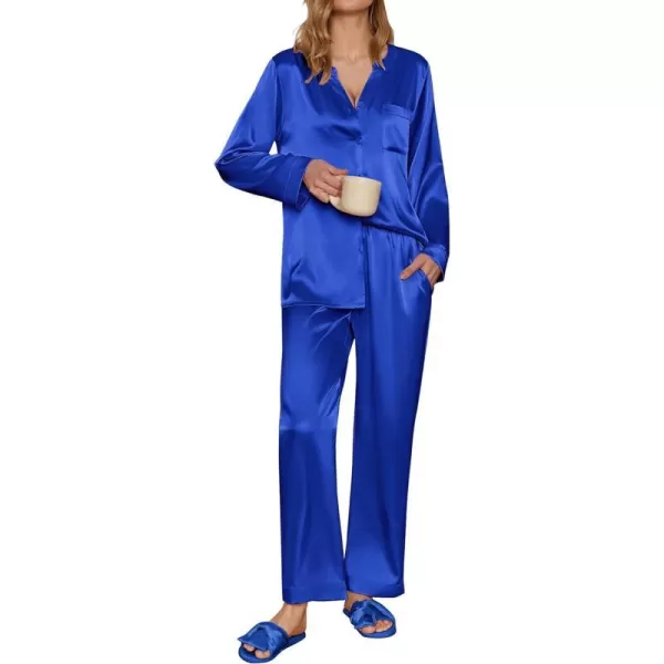 Ekouaer Satin Pajamas Set Womens Long Sleeve Sleepwear Classic Button Down Loungewear Silk Pjs with PocketsRoyal Blue