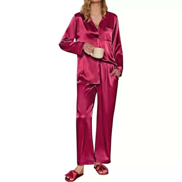 Ekouaer Satin Pajamas Set Womens Long Sleeve Sleepwear Classic Button Down Loungewear Silk Pjs with PocketsWine Red