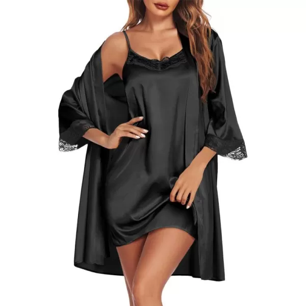 Ekouaer Sleepwear Womens Satin Nightgown with Robes Set 2 Piece Sexy Lace Cami Nightwear01 Black