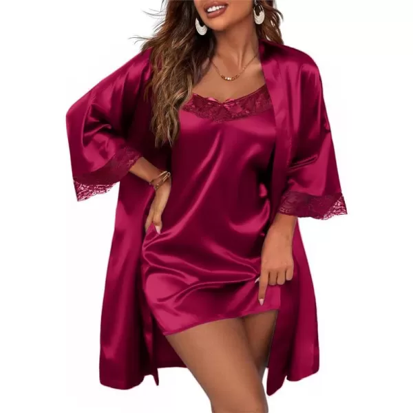 Ekouaer Sleepwear Womens Satin Nightgown with Robes Set 2 Piece Sexy Lace Cami Nightwear01 Wine Red