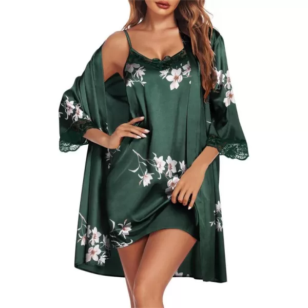 Ekouaer Sleepwear Womens Satin Nightgown with Robes Set 2 Piece Sexy Lace Cami NightwearFloral Dark Green