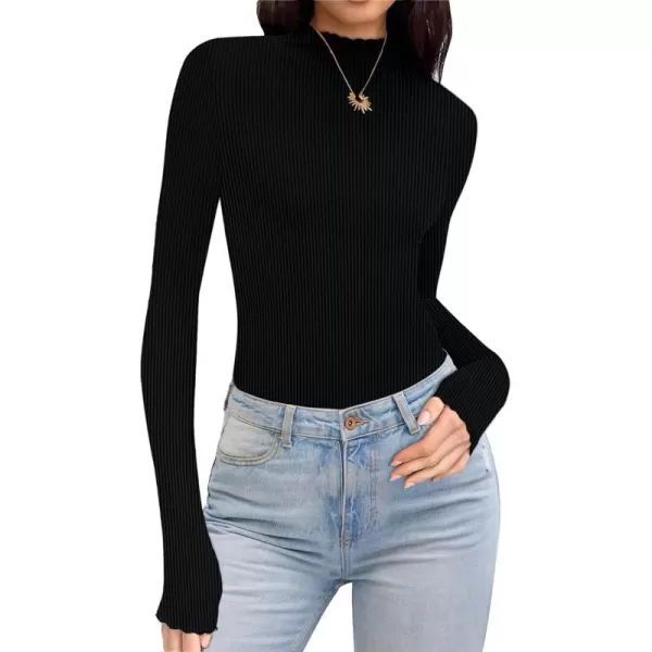 Ekouaer Turtleneck Shirt Women Ribbed Long Sleeve Shirts Lettuce Trim Mock Neck Tops Slim Fit Base LayerBlack