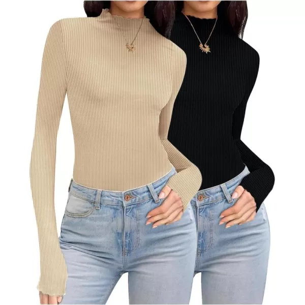 Ekouaer Turtleneck Shirt Women Ribbed Long Sleeve Shirts Lettuce Trim Mock Neck Tops Slim Fit Base LayerBlackBeige