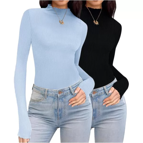 Ekouaer Turtleneck Shirt Women Ribbed Long Sleeve Shirts Lettuce Trim Mock Neck Tops Slim Fit Base LayerBlackBlue