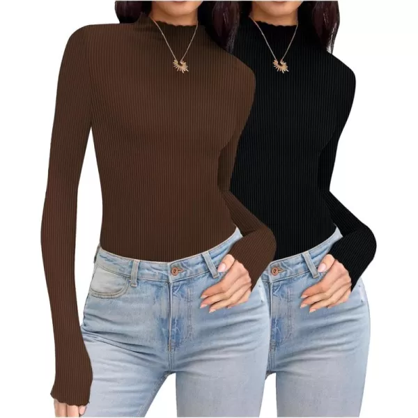 Ekouaer Turtleneck Shirt Women Ribbed Long Sleeve Shirts Lettuce Trim Mock Neck Tops Slim Fit Base LayerBlackBrown