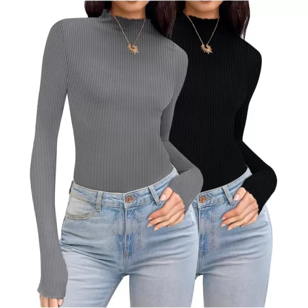 Ekouaer Turtleneck Shirt Women Ribbed Long Sleeve Shirts Lettuce Trim Mock Neck Tops Slim Fit Base LayerBlackGrey