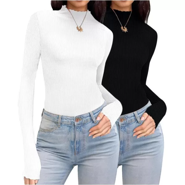 Ekouaer Turtleneck Shirt Women Ribbed Long Sleeve Shirts Lettuce Trim Mock Neck Tops Slim Fit Base LayerBlackWhite