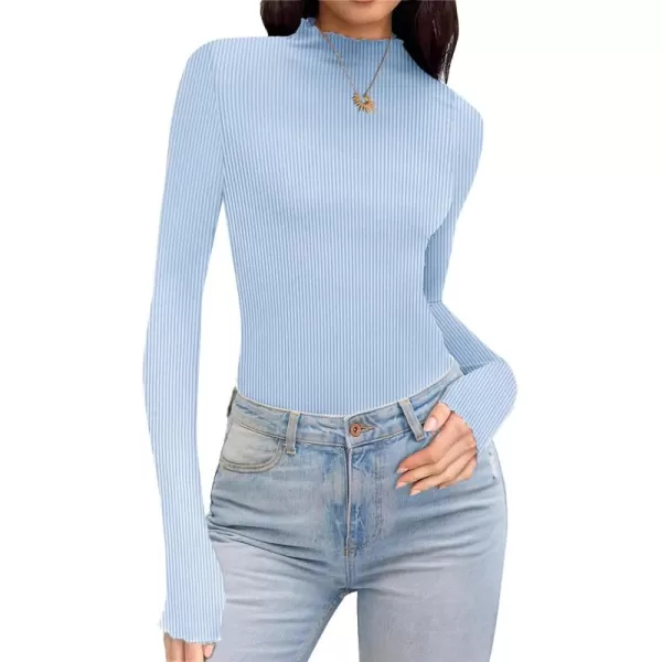 Ekouaer Turtleneck Shirt Women Ribbed Long Sleeve Shirts Lettuce Trim Mock Neck Tops Slim Fit Base LayerBlue