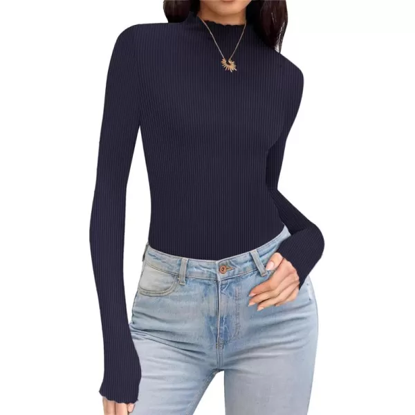 Ekouaer Turtleneck Shirt Women Ribbed Long Sleeve Shirts Lettuce Trim Mock Neck Tops Slim Fit Base LayerBlue Purple