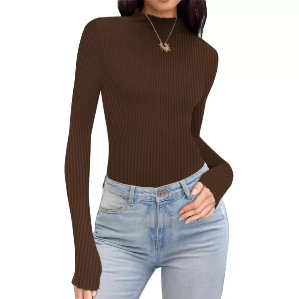 Ekouaer Turtleneck Shirt Women Ribbed Long Sleeve Shirts Lettuce Trim Mock Neck Tops Slim Fit Base LayerBrown