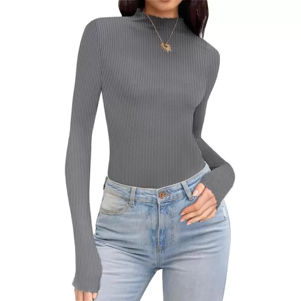 Ekouaer Turtleneck Shirt Women Ribbed Long Sleeve Shirts Lettuce Trim Mock Neck Tops Slim Fit Base LayerGrey