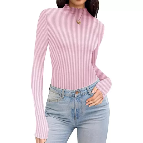 Ekouaer Turtleneck Shirt Women Ribbed Long Sleeve Shirts Lettuce Trim Mock Neck Tops Slim Fit Base LayerPink