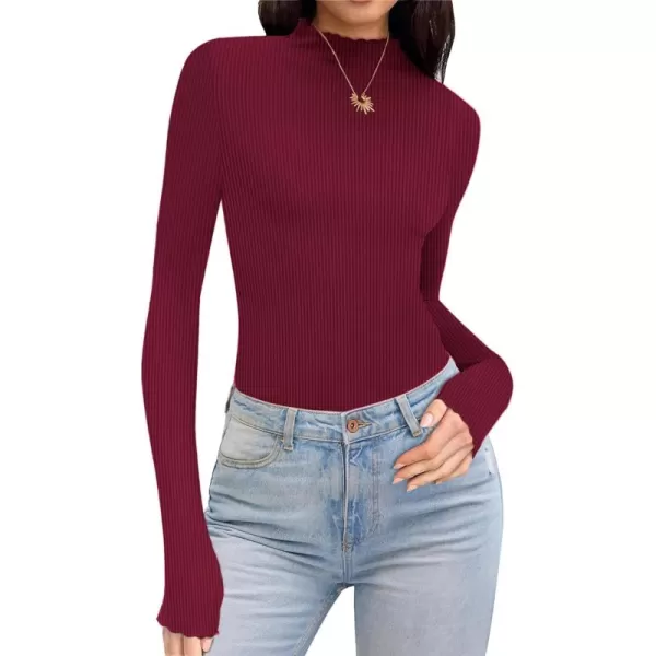 Ekouaer Turtleneck Shirt Women Ribbed Long Sleeve Shirts Lettuce Trim Mock Neck Tops Slim Fit Base LayerRed