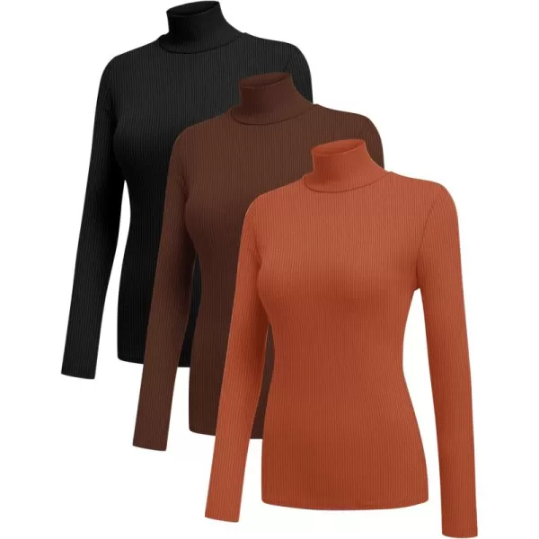 Ekouaer Women 3 Pack Turtleneck Shirts Ribbed Thermal Underwear Tops Lightweight Long Sleeve Layer Tees Basic Pullover BlouseBlackBrownCaramel