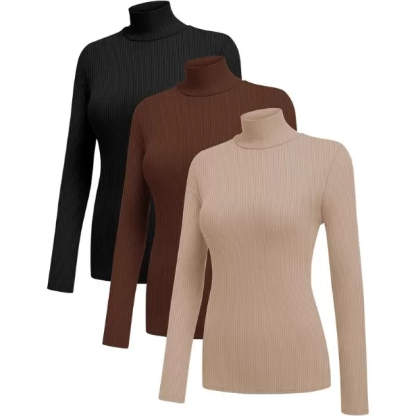 Ekouaer Women 3 Pack Turtleneck Shirts Ribbed Thermal Underwear Tops Lightweight Long Sleeve Layer Tees Basic Pullover BlouseBlackBrownKhaki