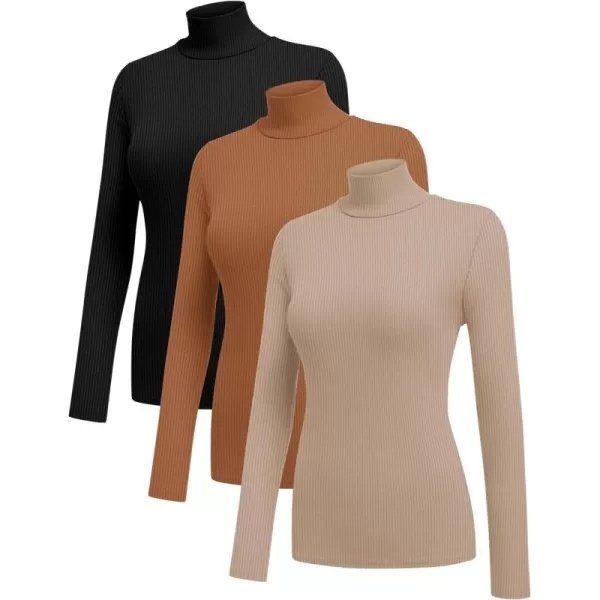 Ekouaer Women 3 Pack Turtleneck Shirts Ribbed Thermal Underwear Tops Lightweight Long Sleeve Layer Tees Basic Pullover BlouseBlackLight BrownKhaki