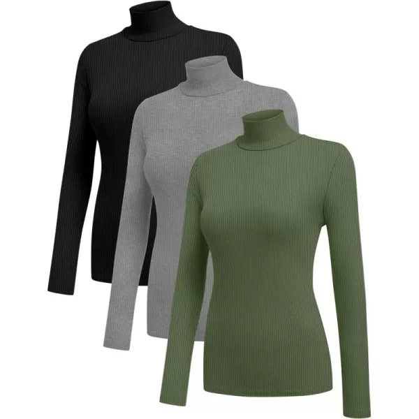 Ekouaer Women 3 Pack Turtleneck Shirts Ribbed Thermal Underwear Tops Lightweight Long Sleeve Layer Tees Basic Pullover BlouseBlackLight GreyArmy Green