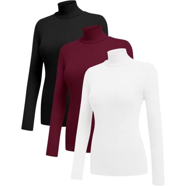 Ekouaer Women 3 Pack Turtleneck Shirts Ribbed Thermal Underwear Tops Lightweight Long Sleeve Layer Tees Basic Pullover BlouseBlackWhiteDark Red