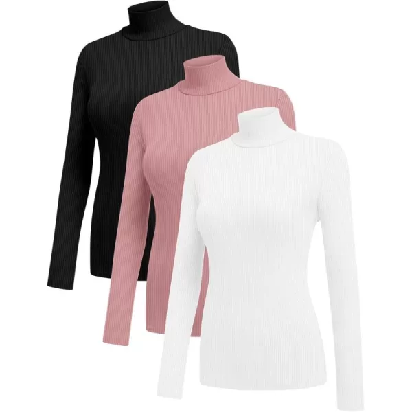 Ekouaer Women 3 Pack Turtleneck Shirts Ribbed Thermal Underwear Tops Lightweight Long Sleeve Layer Tees Basic Pullover BlouseBlackWhiteDirty Pink