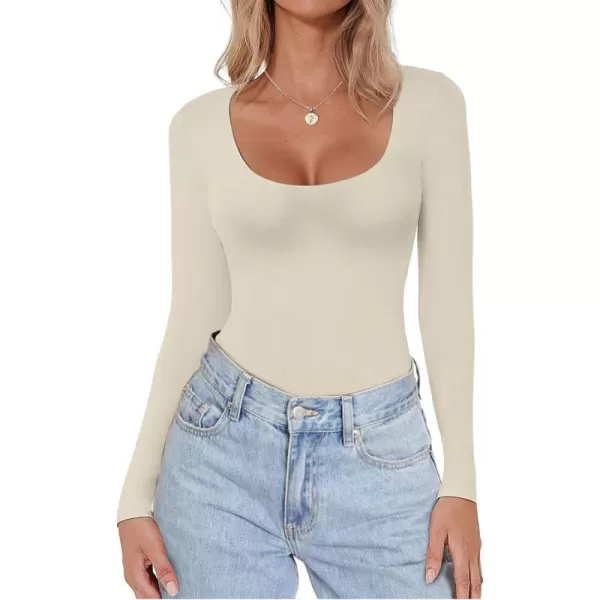 Ekouaer Women Long Sleeve Shirt Scoop Neck Tops Slim Fit Basic Top Thermal Undershirts Base Layer TeeBeige