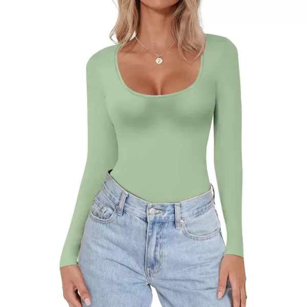 Ekouaer Women Long Sleeve Shirt Scoop Neck Tops Slim Fit Basic Top Thermal Undershirts Base Layer TeeCeladon Green