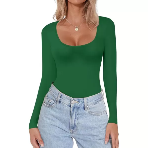 Ekouaer Women Long Sleeve Shirt Scoop Neck Tops Slim Fit Basic Top Thermal Undershirts Base Layer TeeDark Green