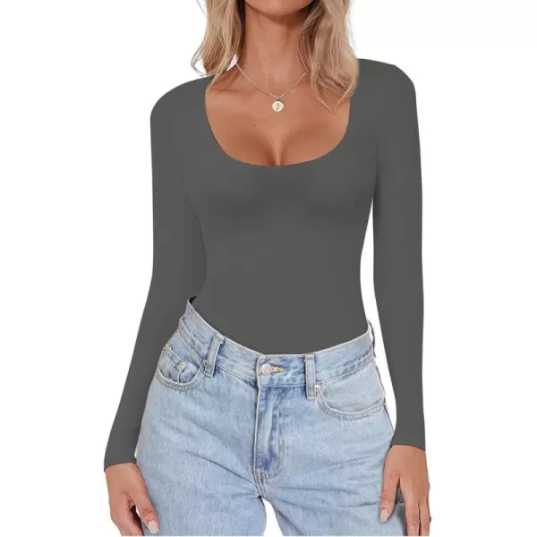 Ekouaer Women Long Sleeve Shirt Scoop Neck Tops Slim Fit Basic Top Thermal Undershirts Base Layer TeeDark Grey