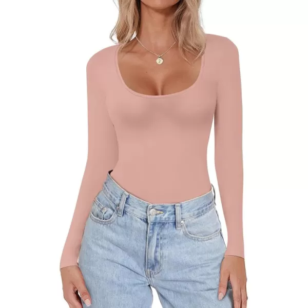 Ekouaer Women Long Sleeve Shirt Scoop Neck Tops Slim Fit Basic Top Thermal Undershirts Base Layer TeeDusty Pink