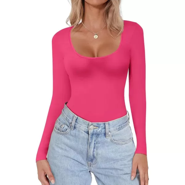 Ekouaer Women Long Sleeve Shirt Scoop Neck Tops Slim Fit Basic Top Thermal Undershirts Base Layer TeeHot Pink