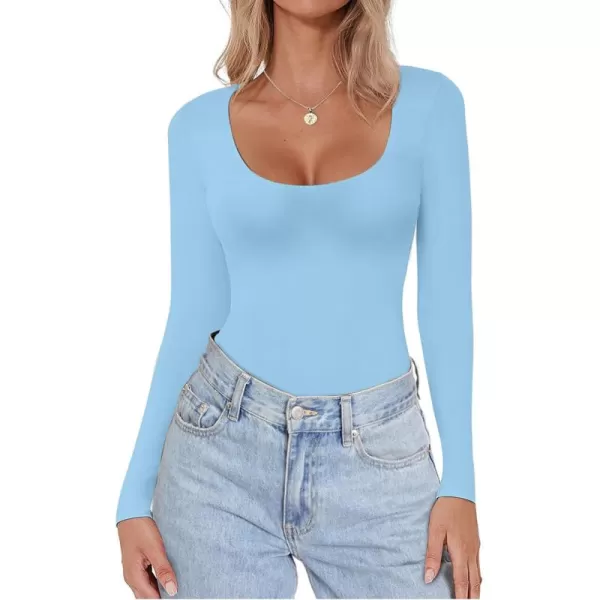 Ekouaer Women Long Sleeve Shirt Scoop Neck Tops Slim Fit Basic Top Thermal Undershirts Base Layer TeeLight Blue