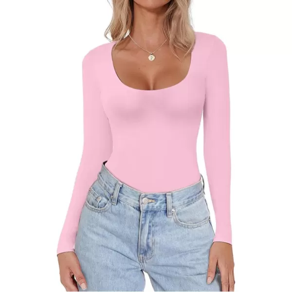 Ekouaer Women Long Sleeve Shirt Scoop Neck Tops Slim Fit Basic Top Thermal Undershirts Base Layer TeePink