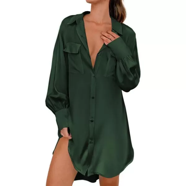 Ekouaer Women Satin Sleep Shirt Long Sleeve Nightgown Button Down Nightshirt Silk Sleepwear Soft Pajama Dress Sleep DressGreen