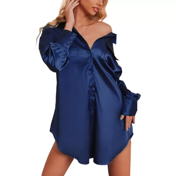 Ekouaer Women Satin Sleep Shirt Long Sleeve Nightgown Button Down Nightshirt Silk Sleepwear Soft Pajama Dress Sleep DressNavy Blue