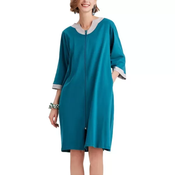 Ekouaer Women Zipper Robe 34 Sleeve Nightgowns Lightweight Short Bathrobe with Pockets S3XLBlue Green