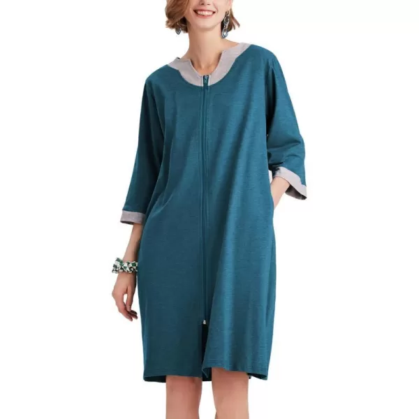 Ekouaer Women Zipper Robe 34 Sleeve Nightgowns Lightweight Short Bathrobe with Pockets S3XLBluecotton