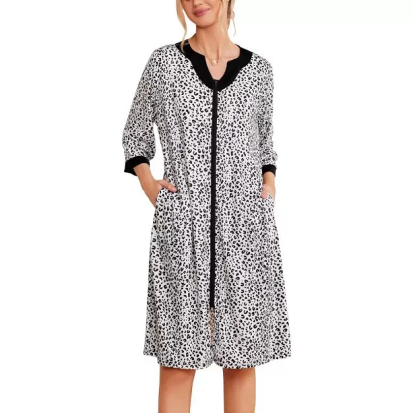 Ekouaer Women Zipper Robe 34 Sleeve Nightgowns Lightweight Short Bathrobe with Pockets S3XLWhite Leopard Print