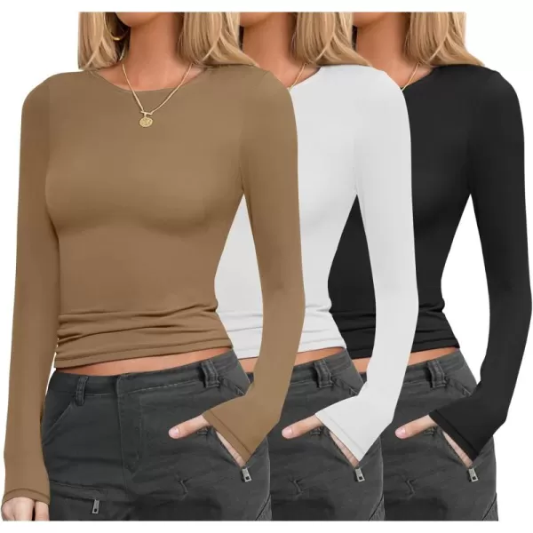 Ekouaer Womens 3 Pack Long Sleeve Shirts Fitted Tops Base Layering Tight Thermal Undershirts SXXLBlackBrownWhite