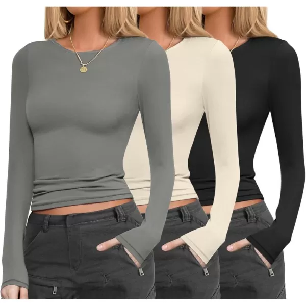 Ekouaer Womens 3 Pack Long Sleeve Shirts Fitted Tops Base Layering Tight Thermal Undershirts SXXLBlackLight GrayBeige