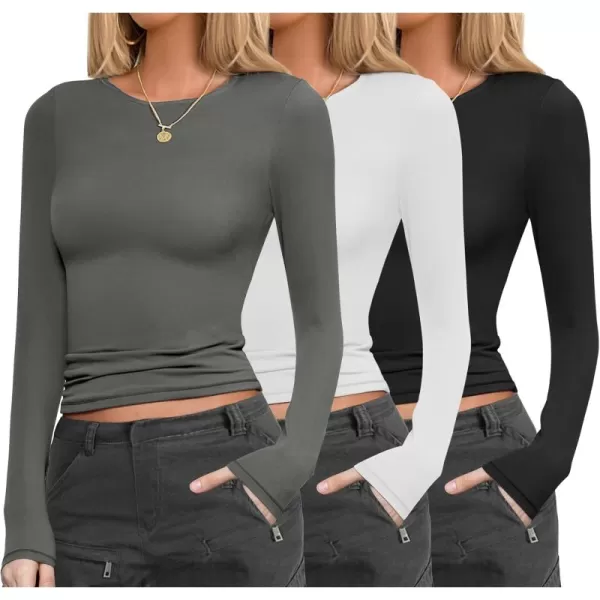 Ekouaer Womens 3 Pack Long Sleeve Shirts Fitted Tops Base Layering Tight Thermal Undershirts SXXLBlackWhiteGray