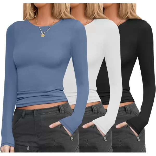 Ekouaer Womens 3 Pack Long Sleeve Shirts Fitted Tops Base Layering Tight Thermal Undershirts SXXLBlackWhiteHaze Blue