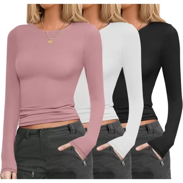 Ekouaer Womens 3 Pack Long Sleeve Shirts Fitted Tops Base Layering Tight Thermal Undershirts SXXLBlackWhitePink