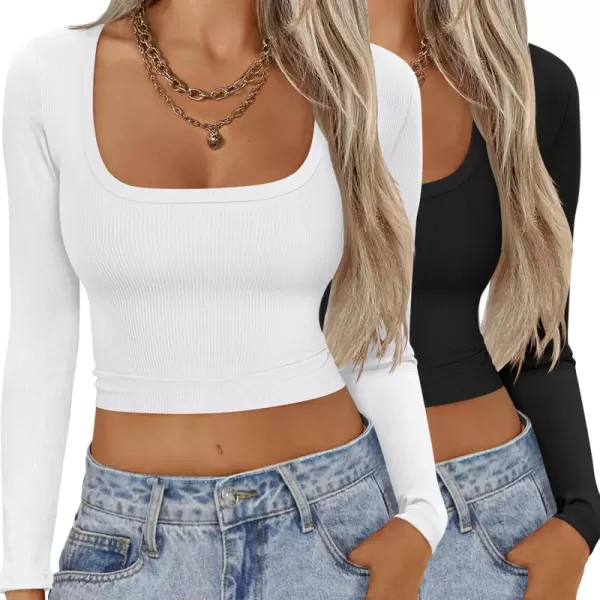 Ekouaer Womens Long Sleeve Square Neck Crop Top Ribbed Slim Fitted Going Out Y2K Tops Casual Basic Shirts TeeBlackWhite