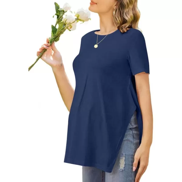 Ekouaer Womens Maternity Shirts Short Sleeve Pregnancy Tops Blouses Split Side Casual Crewneck Pregnant Tunic TeeBlue