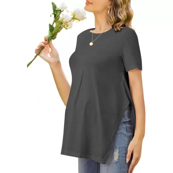 Ekouaer Womens Maternity Shirts Short Sleeve Pregnancy Tops Blouses Split Side Casual Crewneck Pregnant Tunic TeeDeep Grey