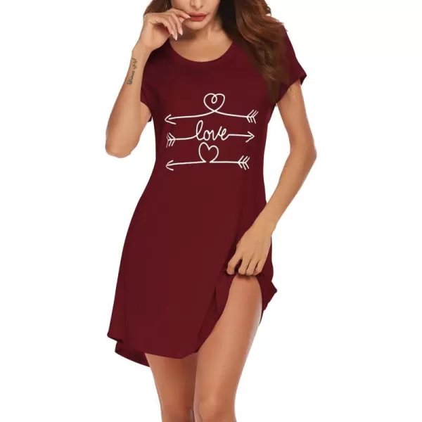 Ekouaer Womens Nightgown Short Sleeve Printed Sleepshirts Cute Night Shirts Soft Pajama SleepwearWine Red