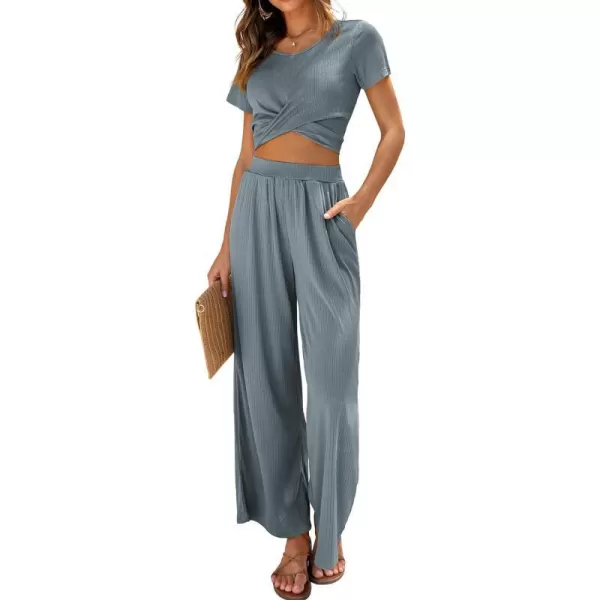 Ekouaer Womens Pajama Sets 2 Piece Lounge Set Short Sleeve Outfit Sets Ribbed Knot Crop Top Wide Leg Pants with PocketsGray