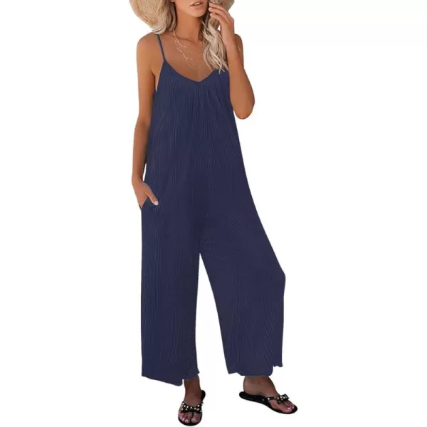 Ekouaer Womens Sleeveless Jumpsuits Ribbed Adjustable Spaghetti Strap Loose Long Pants Romper Jumpsuit with Pockets 2024Navy