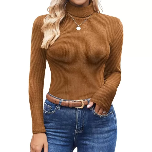 Ekouaer Womens Turtleneck Shirts Ribbed Pullover Sweater Long Sleeves Tops Midweight Thermal Underwear BlouseBrown